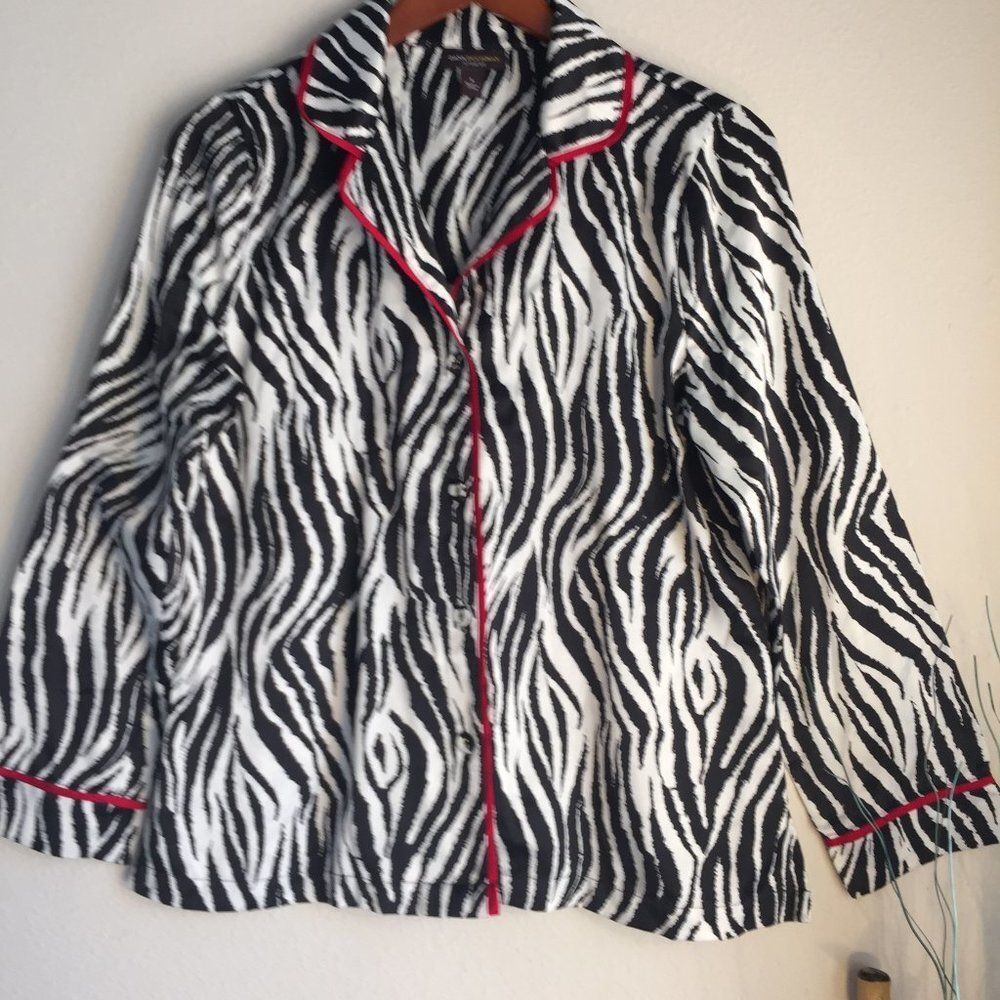 Dana Buchman Zebra Satin Pajama Style Shirt Black White Red Trim S